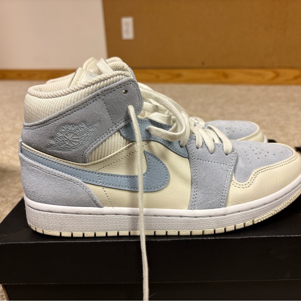 Nike Air Jordan 1 Mid Cream with Light Blue Suede